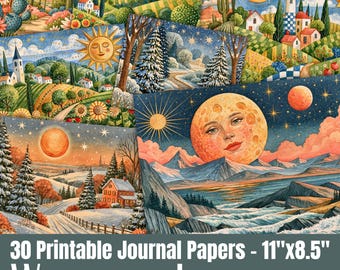 May include: A collection of 30 printable journal papers featuring diverse landscape illustrations, including sun and moon faces, snowy forests, rolling hills, and coastal scenes, with text stating 30 Printable Journal Papers - 11"x8.5".