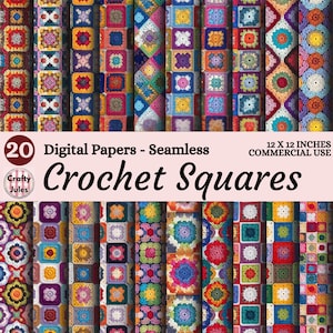 May include: A collection of 20 digital, seamless crochet square patterns. The image displays a variety of colorful, geometric designs in a patchwork style. The text reads "Crochet Squares" and "12 x 12 inches commercial use."