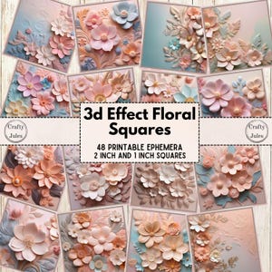 3D-Effekt Floral bedruckbare Quadrate - 48 druckbare 2 Zoll, 1 Zoll Quadrate, Pastellblumen Ephemera für Junk Journals, Scrapbooks, Paper Crafts