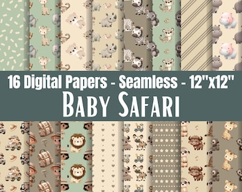 Baby Safari Animal Seamless Patterns, 16 Jungle Digital Paper, Nursery Scrapbook