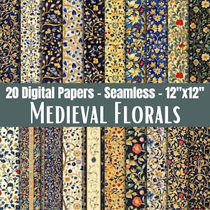 May include: A set of 20 digital papers showcasing seamless medieval floral designs. The patterns display detailed floral arrangements in shades of blue, gold, red, and cream. Each paper measures 30.48cm x 30.48cm.