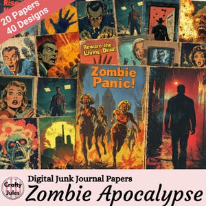 Puede incluir: Una colección de papeles de diario basura digital con temática de apocalipsis zombi. El collage presenta varias ilustraciones de estilo cómic vintage con colores llamativos y texto como "Zombie Panic!" y "Beware the Living Dead!". Los papeles incluyen 20 diseños y 40 papeles.