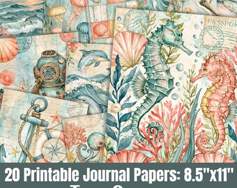 May include: A collection of 20 printable journal papers measuring 8.5 inches by 11 inches, featuring nautical illustrations of seahorses, dolphins, jellyfish, coral, seashells, a vintage diving helmet, an anchor, and a compass on a map background.