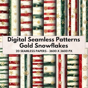 Printable Seamless Snowflake Patterns, Digital Christmas Backgrounds, Watercolour Gold Snowflakes, Striped Backgrounds, Xmas Scrapbooks