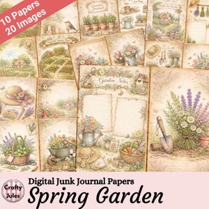 Op de afbeelding: Een verzameling van 20 digitale junk journal papieren met een lentetuin thema. De papieren bevatten aquarel illustraties van tuin scènes, bloemen, tuingereedschap en handgeschreven tekst. De papieren zijn in tinten beige, groen, roze en paars.