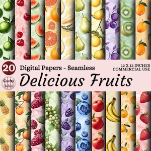 Fruits Digital Seamless Patterns, Food Themed Scrapbook, Journal, & Craft Papers, 12x12in