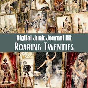 May include: A digital junk journal kit with a Roaring Twenties theme. The image features watercolor illustrations of flapper girls, jazz musicians, and vintage scenes. The artwork is framed with gold accents and includes a champagne bottle and a gramophone.