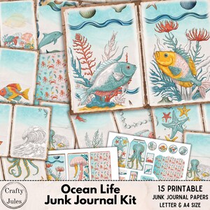 Ocean Life Digital Junk Journal Kit – 15 páginas imprimíveis com tema de mar, papel estampado, páginas de diário, folhas de itens efêmeros, tamanhos A4 e Carta