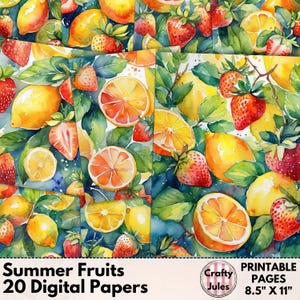 Paquet de papier numérique Fruits d'été - Papiers imprimables pour scrapbooking sur le thème de l'alimentation, carnets de recettes et autres créations en papier