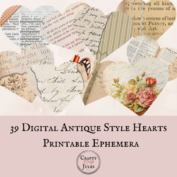 39 Printable Antique Style Hearts, Ephemera For Junk Journals and Scrapbooking, 3 Sizes