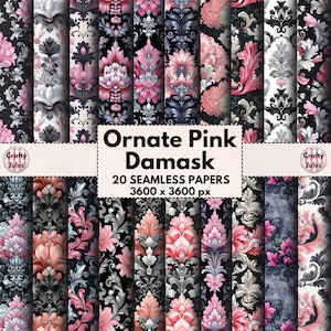 Motifs damassés roses sans couture, 20 papiers imprimables, Usage commercial, Designs élégants, Style vintage, Papiers pour cartes, Scrapbooks, Carnets