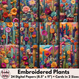 Papeles digitales de plantas bordadas: 24 páginas imprimibles, tarjetas y ATC para álbumes de recortes, diarios, revistas basura, collages y creación de tarjetas.
