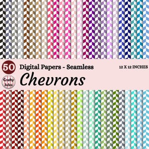 Peut inclure: Collection de 50 papiers numériques avec des motifs de chevrons sans couture dans diverses couleurs, dont le noir, le blanc, le marron, le rose, le violet, le bleu et le vert. Les papiers mesurent 30,48 x 30,48 cm. Le mot "Chevrons" est affiché.