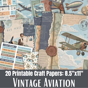 May include: A collection of 20 printable craft papers featuring vintage aviation themes, including biplanes, airmail stamps, maps, and clouds. The designs incorporate text like 'Fly High', 'Air Mail', and 'Skies Farther Stories Bolder' on 21.6 by 27.9 cm sheets.