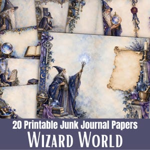 May include: A collection of 20 printable junk journal papers featuring wizard-themed illustrations. The designs include wizards in blue robes, crystal balls, ancient scrolls, potion bottles, and ornate keys set against a soft, cloudy background.