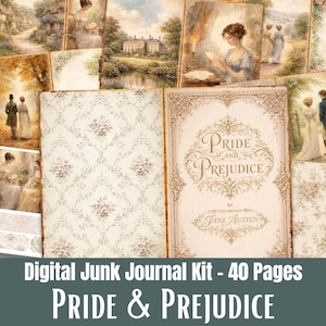 May include: A digital junk journal kit featuring 40 pages with Pride and Prejudice themes. The collection includes vintage-style illustrations of people in period clothing, landscapes, floral patterns, and a book cover titled Pride and Prejudice by Jane Austen.