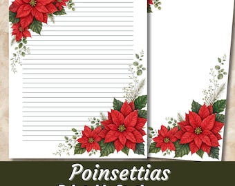 Poinsettias, Lined & Blank Writing Paper, Xmas Stationery, PDF, JPG, Digital Download