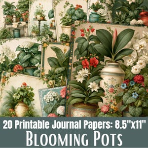 Blooming Flower Pots Junk Journal Papers, Botanical Garden Scrapbook Prints, Digital Download