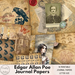 Papiers numériques Edgar Allan Poe - 14 pages imprimables pour albums de coupures, journaux, journaux indésirables, collage, fabrication de cartes, téléchargement immédiat