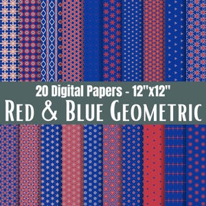 May include: A collection of 20 digital papers, each 12"x12", featuring red and blue geometric patterns. The designs include various shapes like stars, dots, and floral motifs, creating a patriotic and versatile set for crafting and design projects.