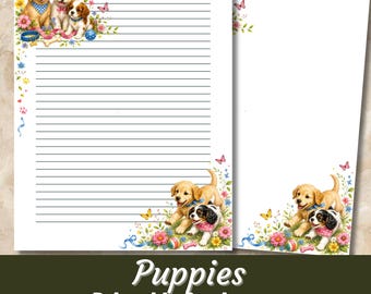 May include: Two sheets of printable stationery, one lined and one unlined, featuring illustrations of golden, white, and brown puppies, colorful flowers, butterflies, and ribbons. The text at the bottom reads Puppies Printable Stationery Lined and Unlined – Letter & A4 Size.