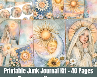May include: A printable junk journal kit featuring 40 pages with celestial and floral illustrations. The designs include suns, moons, sunflowers, and ethereal figures with long blonde hair, rendered in a soft watercolor palette of blue, gold, and pink.