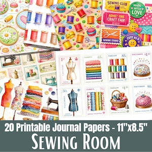 May include: A set of 20 printable journal papers with sewing-related designs. The papers showcase illustrations of sewing machines, thread spools, fabric, and dress forms. The text on the papers reads "Sewing Room" and "20 Printable Journal Papers - 11"x8.5" (27.9 x 21.6 cm).