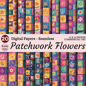Może przedstawiać: Zestaw 20 cyfrowych, bezszwowych papierów z patchworkowym wzorem kwiatowym. Każdy kwadrat przedstawia kolorowe kwiaty w różnych odcieniach, w tym pomarańczowym, niebieskim i fioletowym. Tekst brzmi "Patchwork Flowers" i "12 x 12 cali Commercial Use."