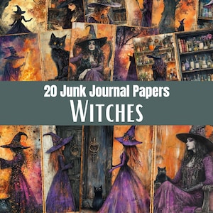 以下が含まれることがあります： 魔女をテーマにしたイラストが描かれた20枚のジャンクジャーナル用ペーパーセット。紫色のドレスととんがり帽子を身につけた人物、黒猫、棚に並んだ薬瓶、素朴なドアなどが、温かみのあるオレンジとダークパープルの色調で表現されています。