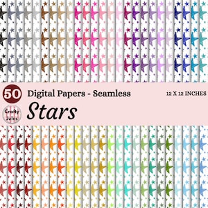 Könnte beinhalten: Eine Sammlung von 50 digitalen nahtlosen Papieren mit Sternenmuster in verschiedenen Farben, darunter Schwarz, Braun, Rosa, Lila, Blau, Rot, Orange, Gelb und Grün. Die Papiere sind 30,48 cm x 30,48 cm groß, mit dem Wort "Stars" in großen schwarzen Buchstaben.
