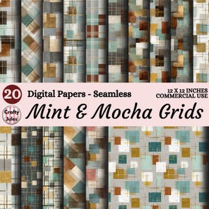 Puede incluir: Un conjunto de 20 papeles digitales sin costuras con diseños de cuadrícula en menta y moca. Cada papel mide 30,48 cm x 30,48 cm y es apto para uso comercial. Los diseños presentan formas geométricas.