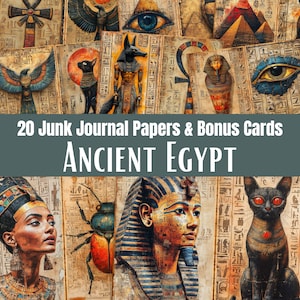 Puede incluir: Un collage de papeles de diario basura y tarjetas de bonificación con temática del antiguo Egipto. La imagen presenta ilustraciones de faraones, gatos, Anubis y jeroglíficos. El texto dice "20 Junk Journal Papers & Bonus Cards ANCIENT EGYPT."