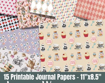 Alice in Wonderland Printable Papers, Fantasy Scrapbook Journal Pages, Digital Download
