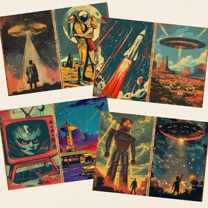 Może przedstawiać: Kolekcja grafik w stylu vintage z motywami science fiction. Grafiki przedstawiają UFO, astronaut&oacute;w, rakiety i roboty w żywym stylu komiksowym, z paletą kolor&oacute;w czerwieni, błękitu i ż&oacute;łci.