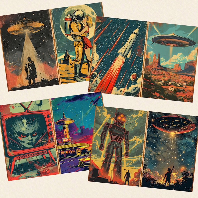 Może przedstawiać: Kolekcja grafik w stylu vintage z motywami science fiction. Grafiki przedstawiają UFO, astronaut&oacute;w, rakiety i roboty w żywym stylu komiksowym, z paletą kolor&oacute;w czerwieni, błękitu i ż&oacute;łci.