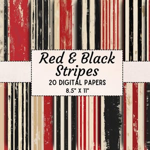 Papiers numériques à rayures rouges et noires - Motifs effet vieilli pour le scrapbooking et les travaux manuels, journaux, fabrication de cartes