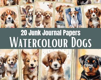 Pagine di junk journal con cani ad acquerello, carta per scrapbooking con cuccioli stampabile, download digitale