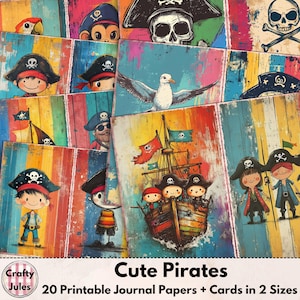 Papeles digitales de piratas para diario: 20 páginas imprimibles para niños, tarjetas y cuadernos para álbumes de recortes, diarios y collages. Descarga instantánea.