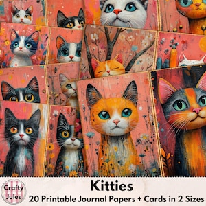 Papiers numériques pour carnet de bord Cats - 20 pages imprimables de chatons ludiques, + des cartes et des ATC pour les albums de coupures, les journaux, les collages et la fabrication de cartes