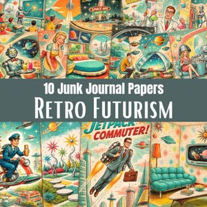 May include: A collection of 10 junk journal papers featuring retro futurism illustrations. The designs include mid-century space age scenes, robots, flying vehicles, futuristic architecture, and stylized characters in vibrant colors with the text 10 Junk Journal Papers RETRO FUTURISM.