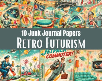 Retro Futurism Junk Journal Pages, Mid Century Modern Sci-Fi Digital Backgrounds