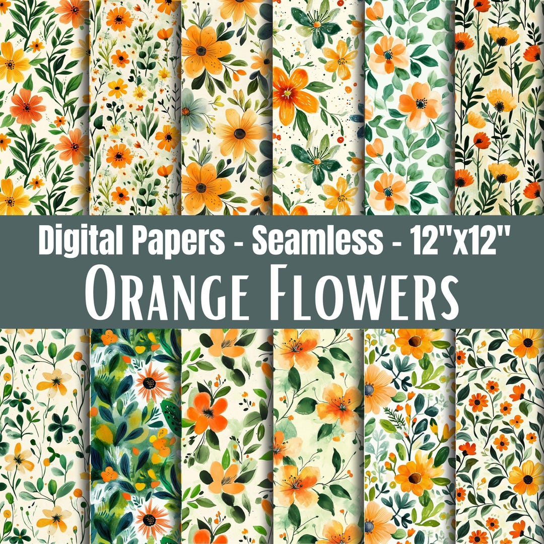Orange Floral Seamless Digital Paper, Watercolor Flower Pattern ...