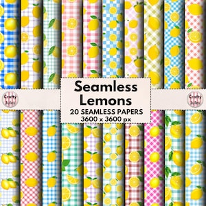 Citrons, Motifs numériques sans couture, 20 feuilles de papier à carreaux imprimables, Vichy, Cuisine, Thème fruité, Albums de coupures, Carnets de notes, Travaux manuels, Usage commercial