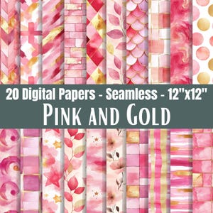 May include: A collection of 20 seamless digital papers in pink and gold, measuring 30.48 cm by 30.48 cm. The patterns include watercolour textures, geometric shapes, floral motifs, fish scales, stars, circles, and brick designs in various shades.