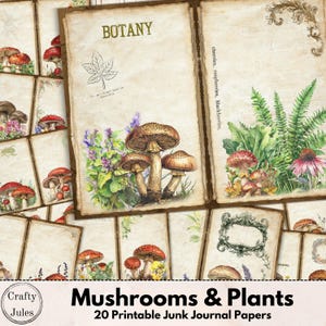 Mushrooms and Plants Digital Junk Journal Papers – 20 Botanical Printable Pages, Scrapbook Supplies, Paper Craft, Instant Download