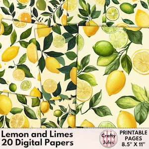 Papeles digitales de limones y limas: 20 páginas imprimibles para álbumes de recortes, diarios basura, collages, manualidades con papel, creación de tarjetas, descargas instantáneas