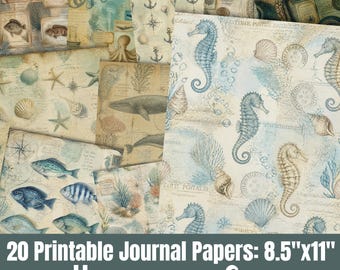 Under Sea Journal Papers, Nautical Map Scrapbook Backgrounds, Ocean Printables, 8.5x11