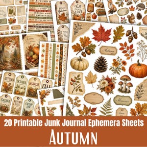 May include: A collection of twenty printable junk journal ephemera sheets featuring autumn-themed illustrations including pumpkins, maple leaves, acorns, pinecones, mushrooms, foxes, hedgehogs, squirrels, floral arrangements, and vintage-style tags.