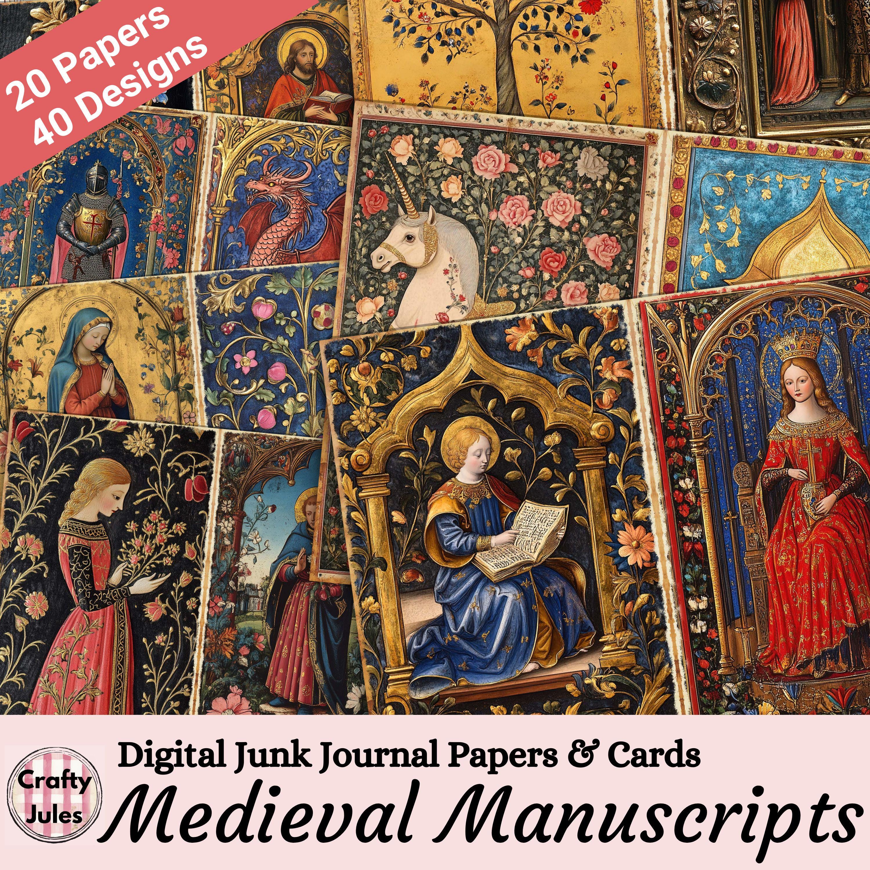 Medieval Junk Journal Papers & Cards, Illuminated Ornate Manuscript ...