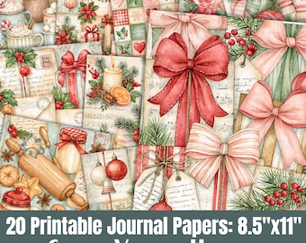May include: A collection of 20 printable journal papers featuring Christmas themes including red bows, pine branches, holly, cinnamon sticks, oranges, candles, rolling pins, cookies, and mugs of hot cocoa with text reading 20 Printable Journal Papers: 8.5"x11" Cosy Xmas Home.